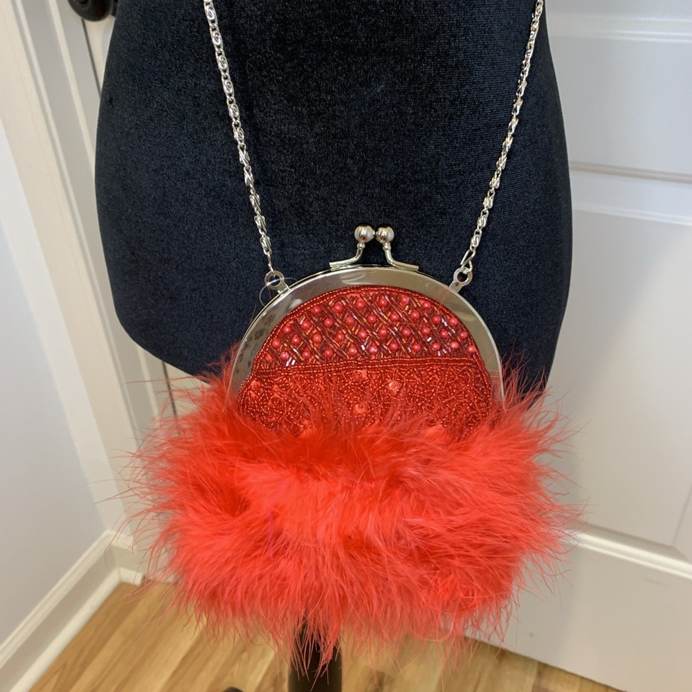 NWT Ermo Beaded Feathered‎ Miniaudiere Purse Red/ Silver